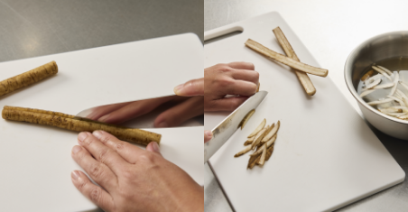 Halve the burdock root without peeling so that you can enjoy the flavor. Cut each piece in half lengthwise and slice the halved piece diagonally. Leave the sliced burdock root in water for 1 to 2 minutes.