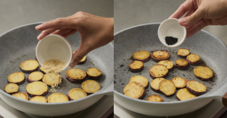 When the sweet potato pieces are cooked, sprinkle 1 teaspoon of sugar and a small amount of sesame seeds to coat all surfaces.