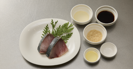 (Ingredients for two servings)Two yellow tail fillets from Kagoshima Pref., 1 tablespoon of sugar, 3 tablespoons of soy sauce, 1.5 tablespoons of mirin (sweet cooking rice wine), 1 tablespoon of oil, and a small amount of salt